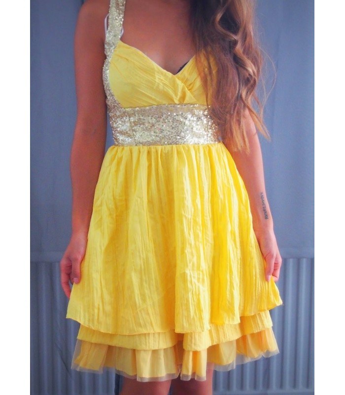 Koucla keltainen paljettikoristeinen juhlamekko