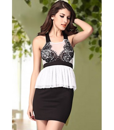 White and black lace-orned peplum party dress