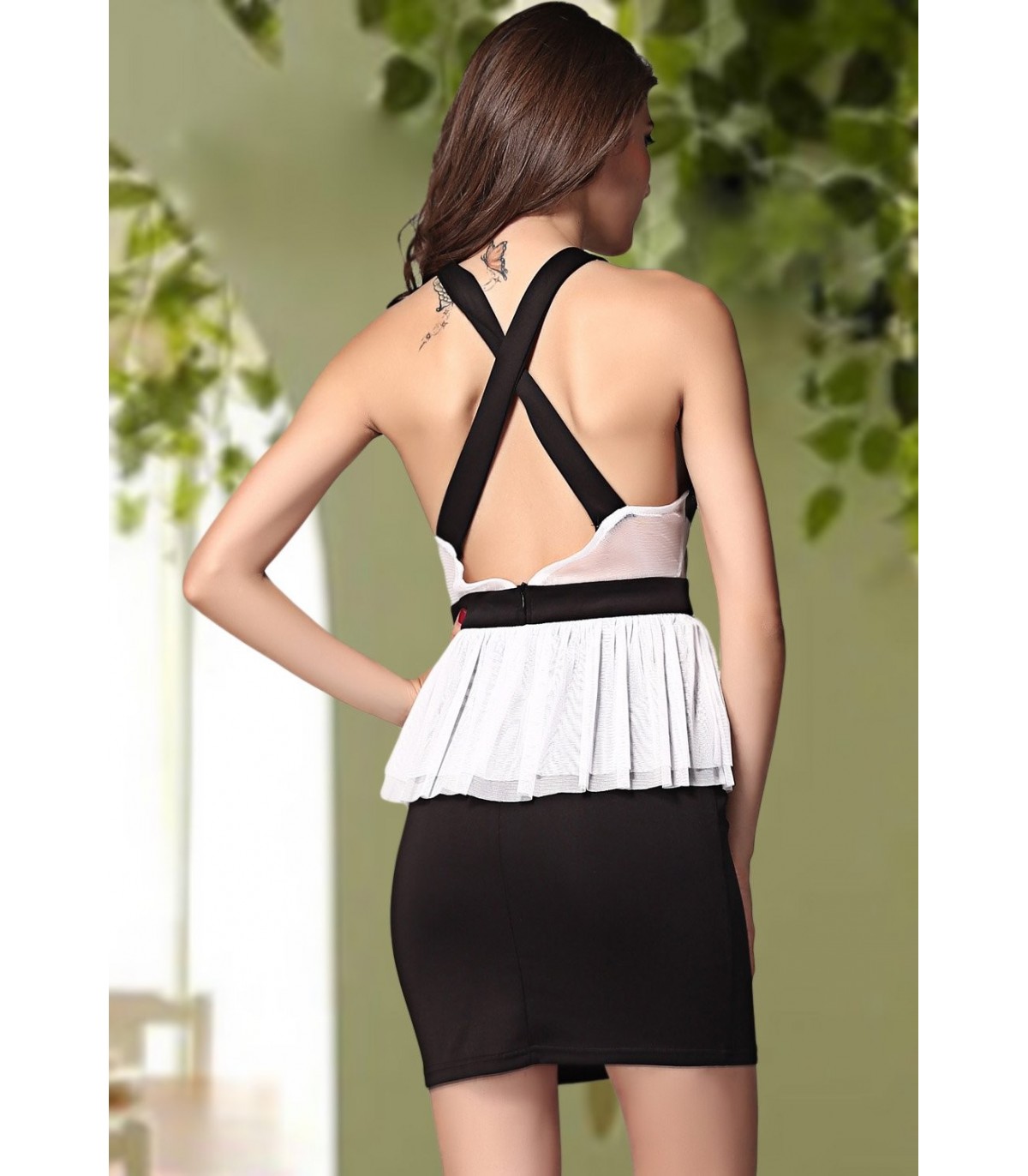 White and black lace-orned peplum party dress