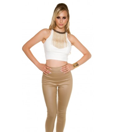 Koucla white short leather log top with chains