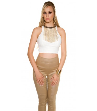 Koucla white short leather log top with chains