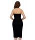 Black strapless nodder-breasted velvet dress with slit
