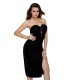 Black strapless nodder-breasted velvet dress with slit