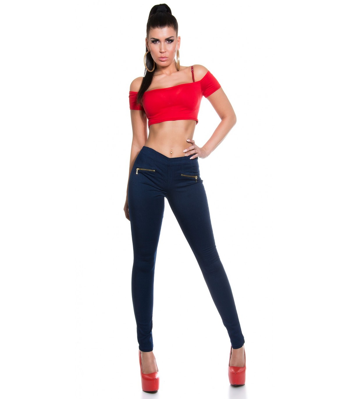 Blue high-waisted jeggings with zippers