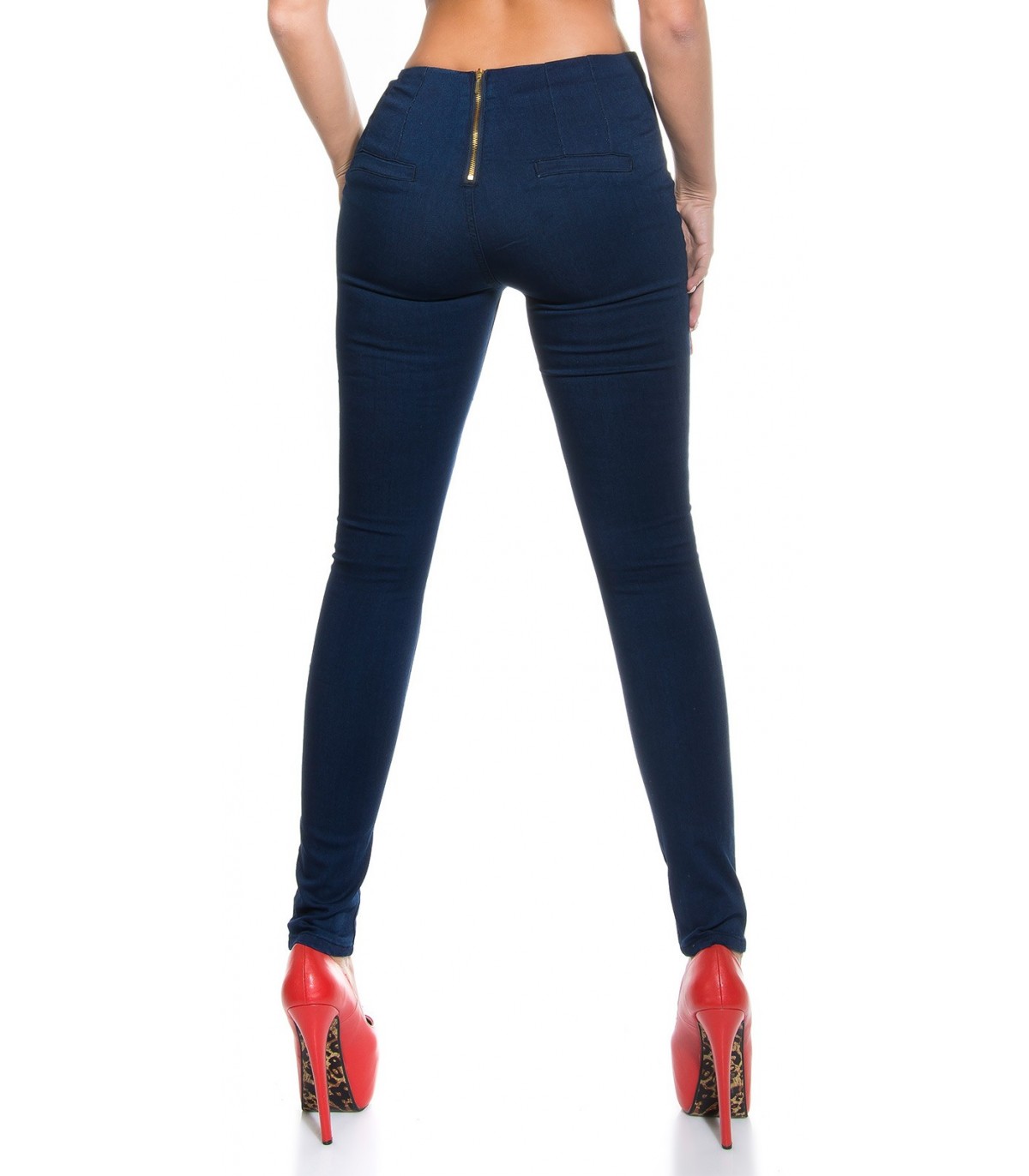 Blue high-waisted jeggings with zippers