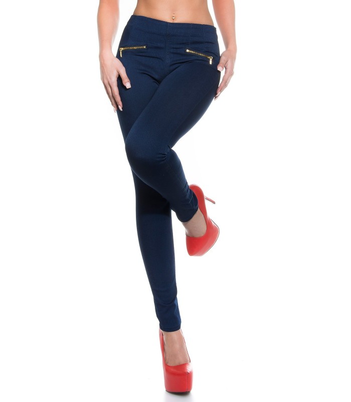 Blue high-waisted jeggings with zippers