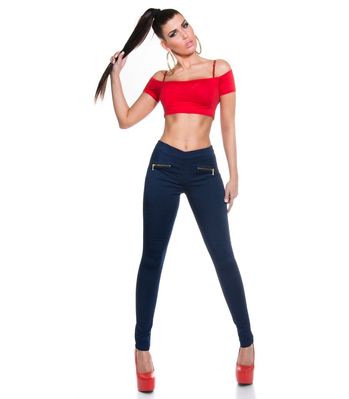 Blue high-waisted jeggings with zippers