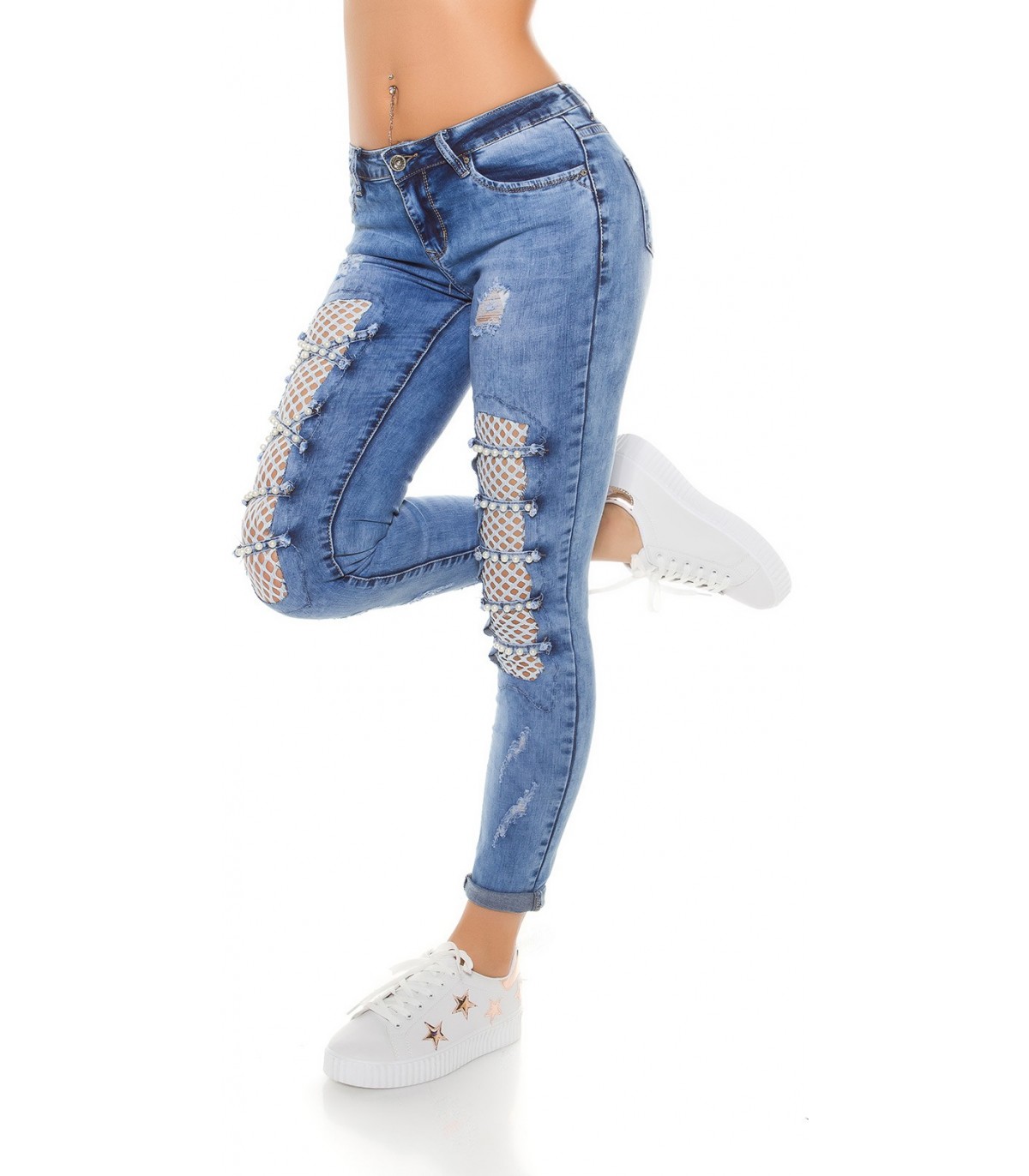 Blue worn beaded jeans