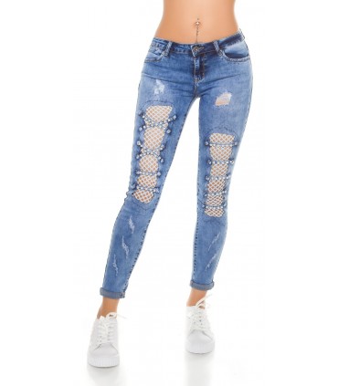 Blue worn beaded jeans