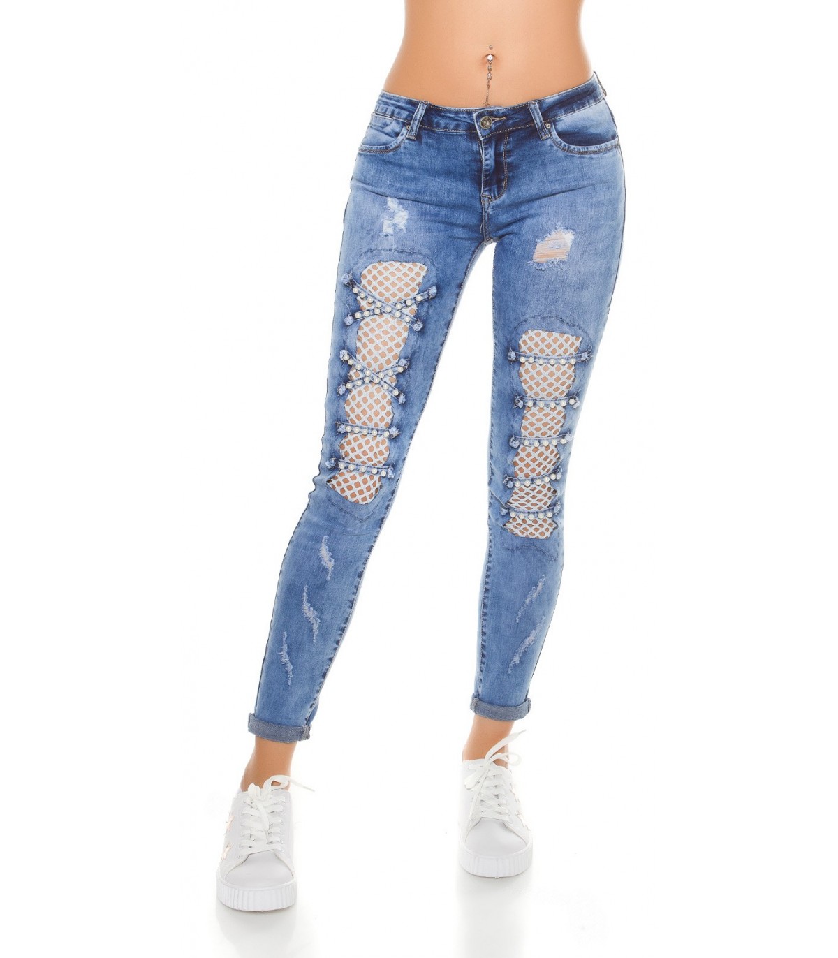 Blue worn beaded jeans