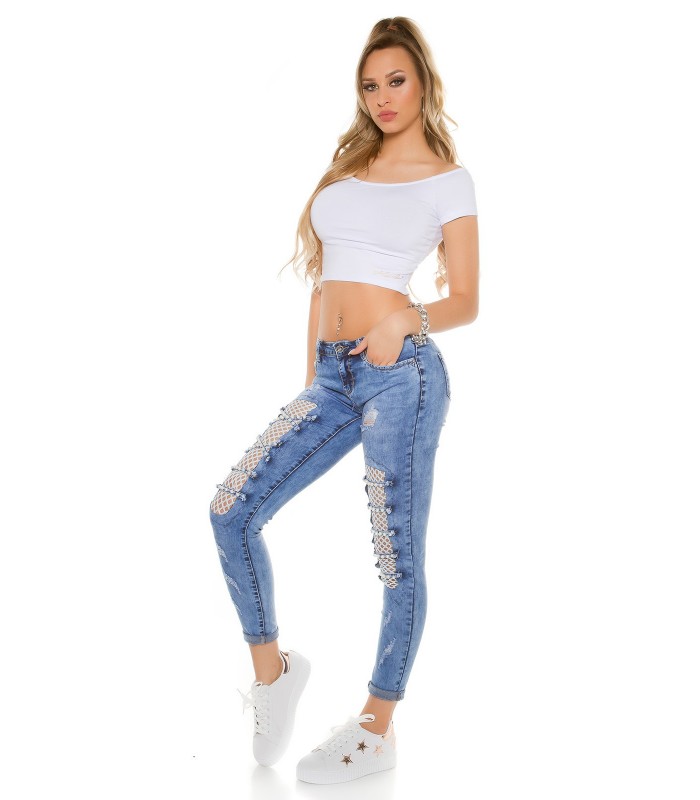 Blue worn beaded jeans
