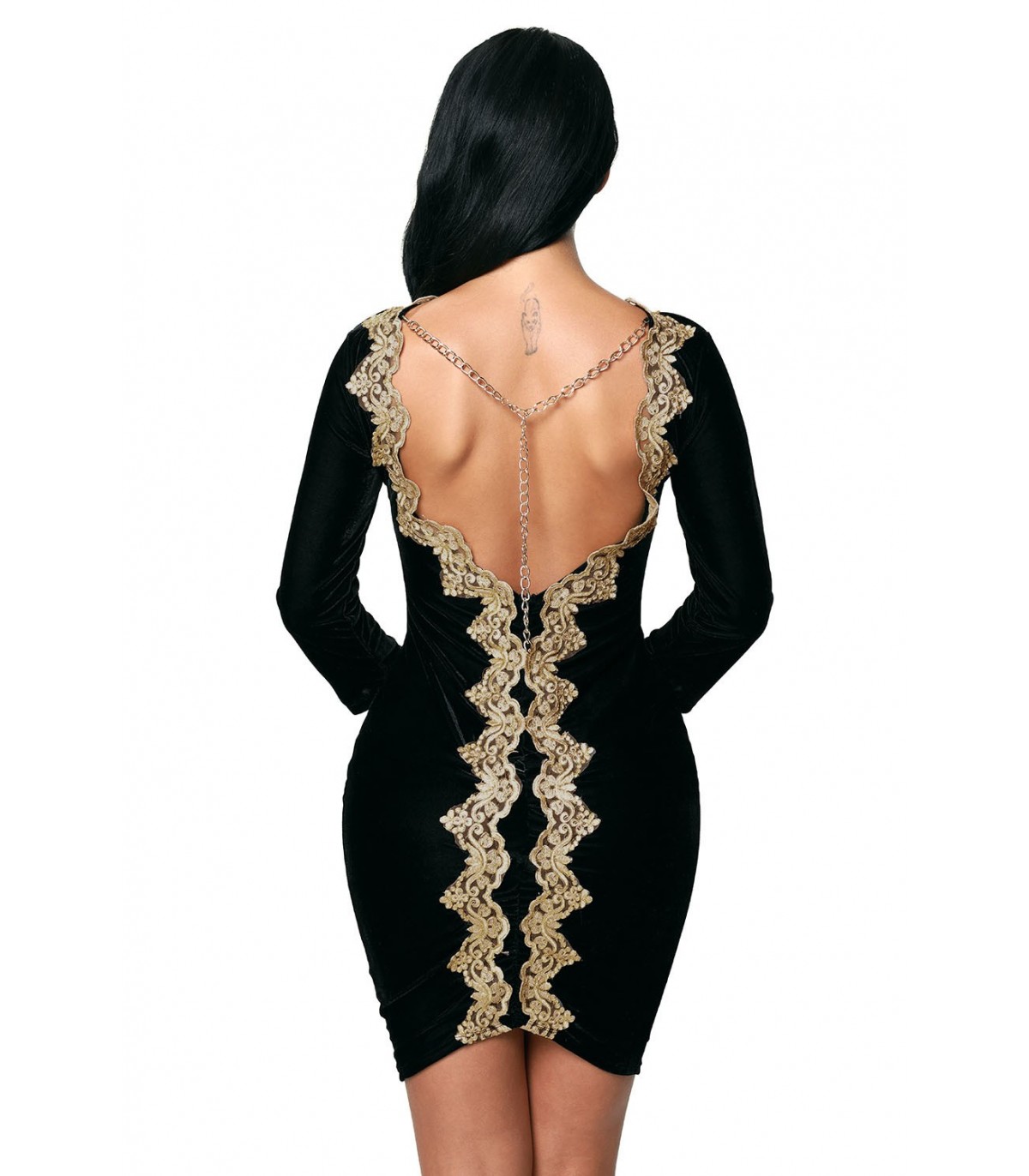 Black gold-length dress with chain decoration