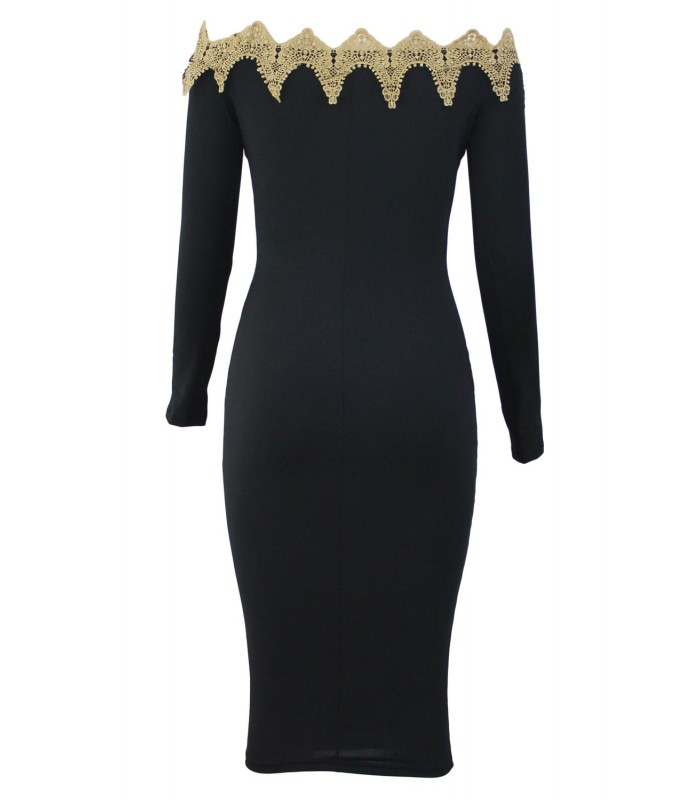 Musta kultakirjailtu off-shoulder midimekko