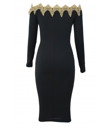 Musta kultakirjailtu off-shoulder midimekko