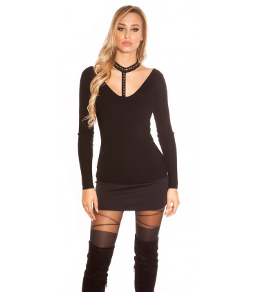 Koucla musta niittikoristeinen choker neule