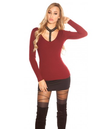 Koucla burgundy rivet-ornate choker knitwear