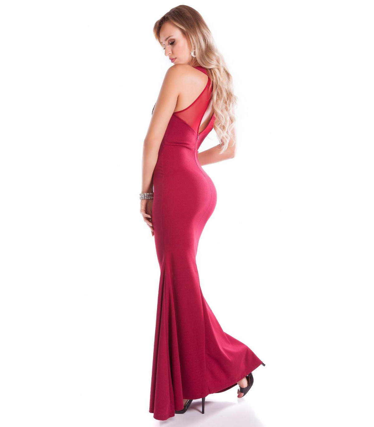 Koucla burgundy decorative embroidered long mesh party dress