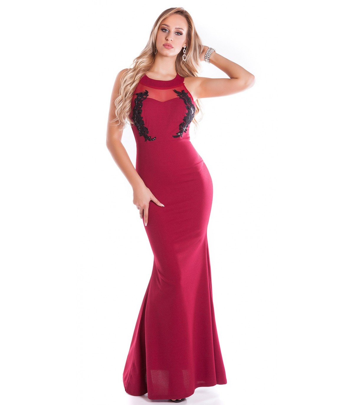 Koucla burgundy decorative embroidered long mesh party dress