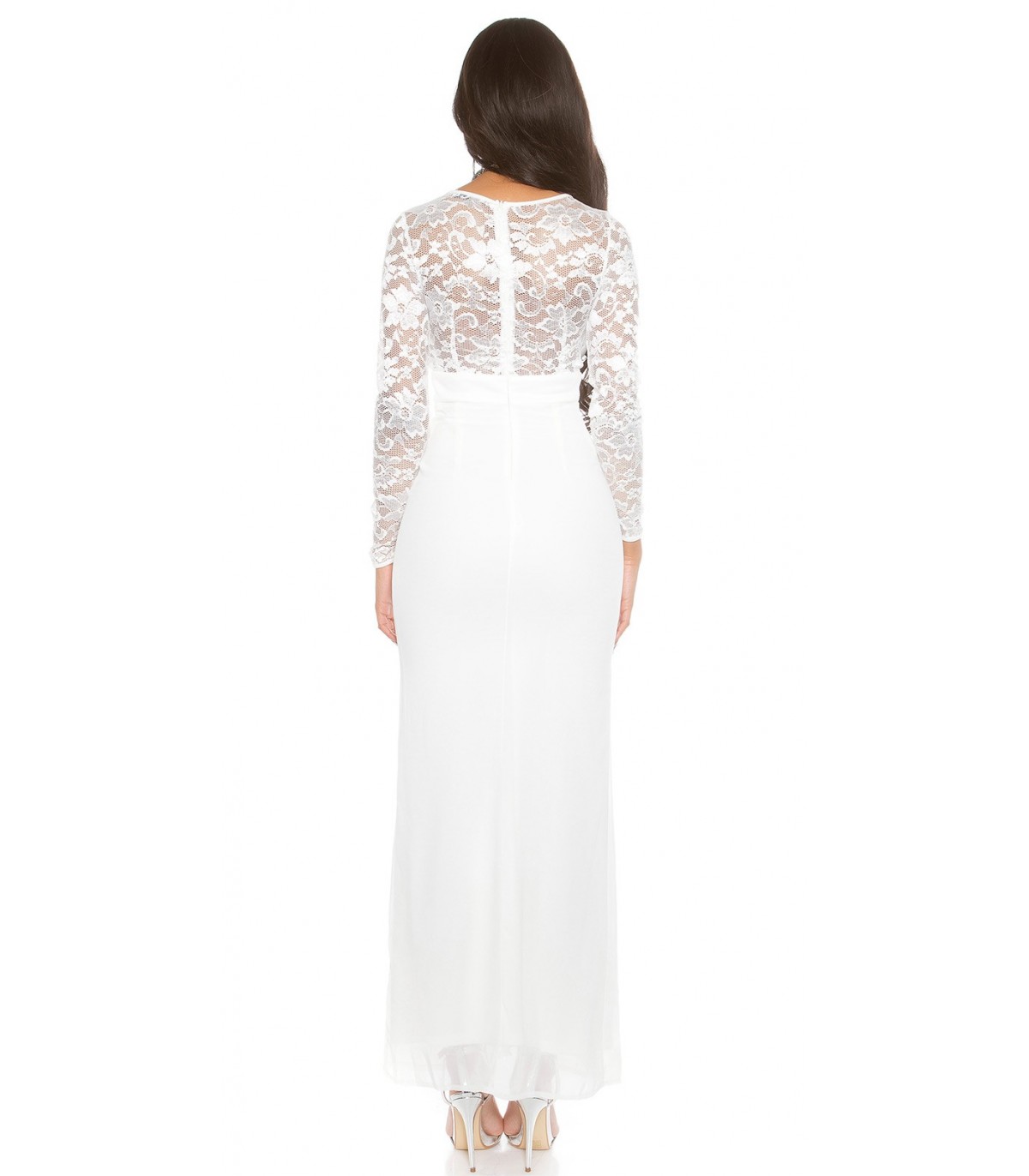 Koucla white lace-orned long party dress