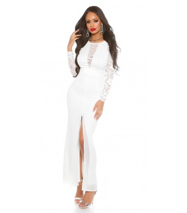 Koucla white lace-orned long party dress
