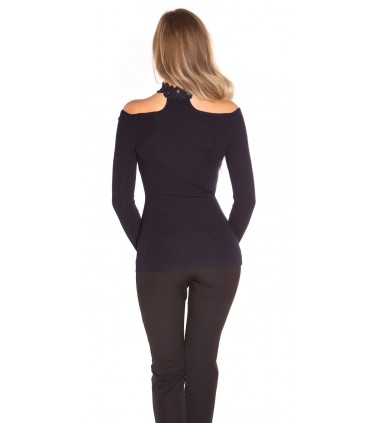 Koucla dark blue off-shoulder lacechoker knit