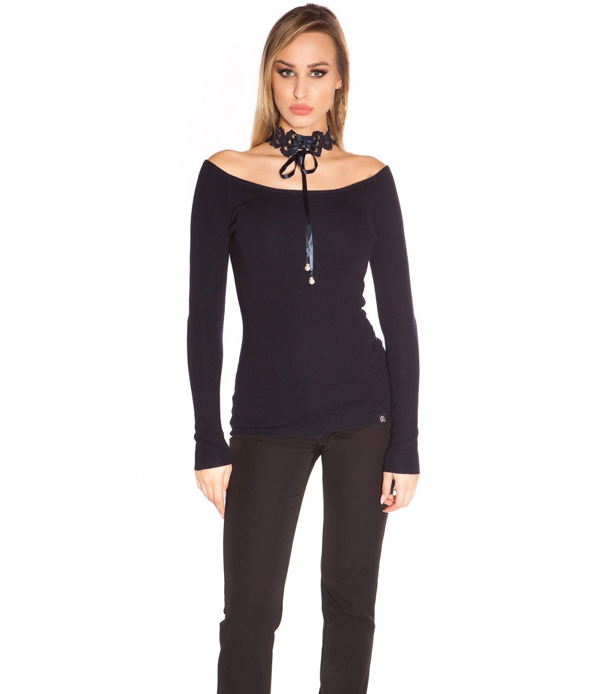 Koucla dark blue off-shoulder lacechoker knit