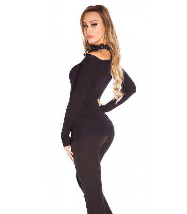 Koucla dark blue off-shoulder lacechoker knit