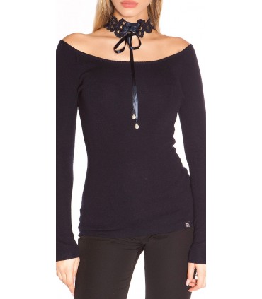 Koucla dark blue off-shoulder lacechoker knit