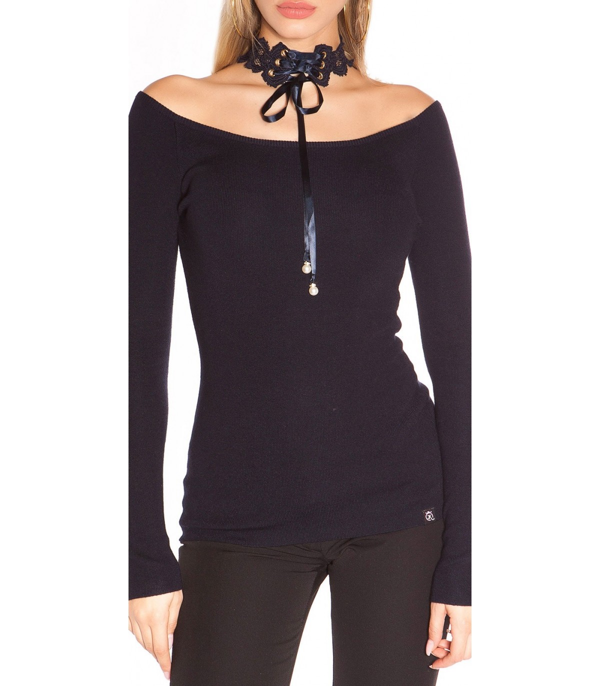 Koucla dark blue off-shoulder lacechoker knit