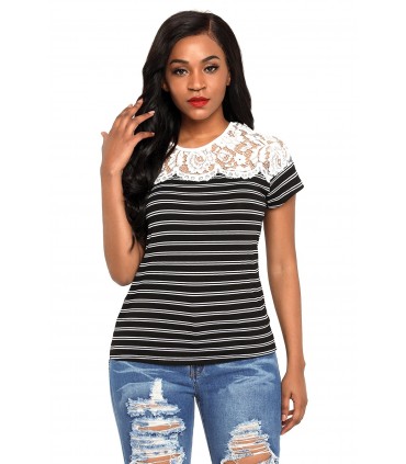 Black short-sleeved lace-ornamented stripe shirt