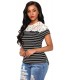 Black short-sleeved lace-ornamented stripe shirt