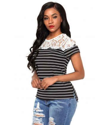 Black short-sleeved lace-ornamented stripe shirt