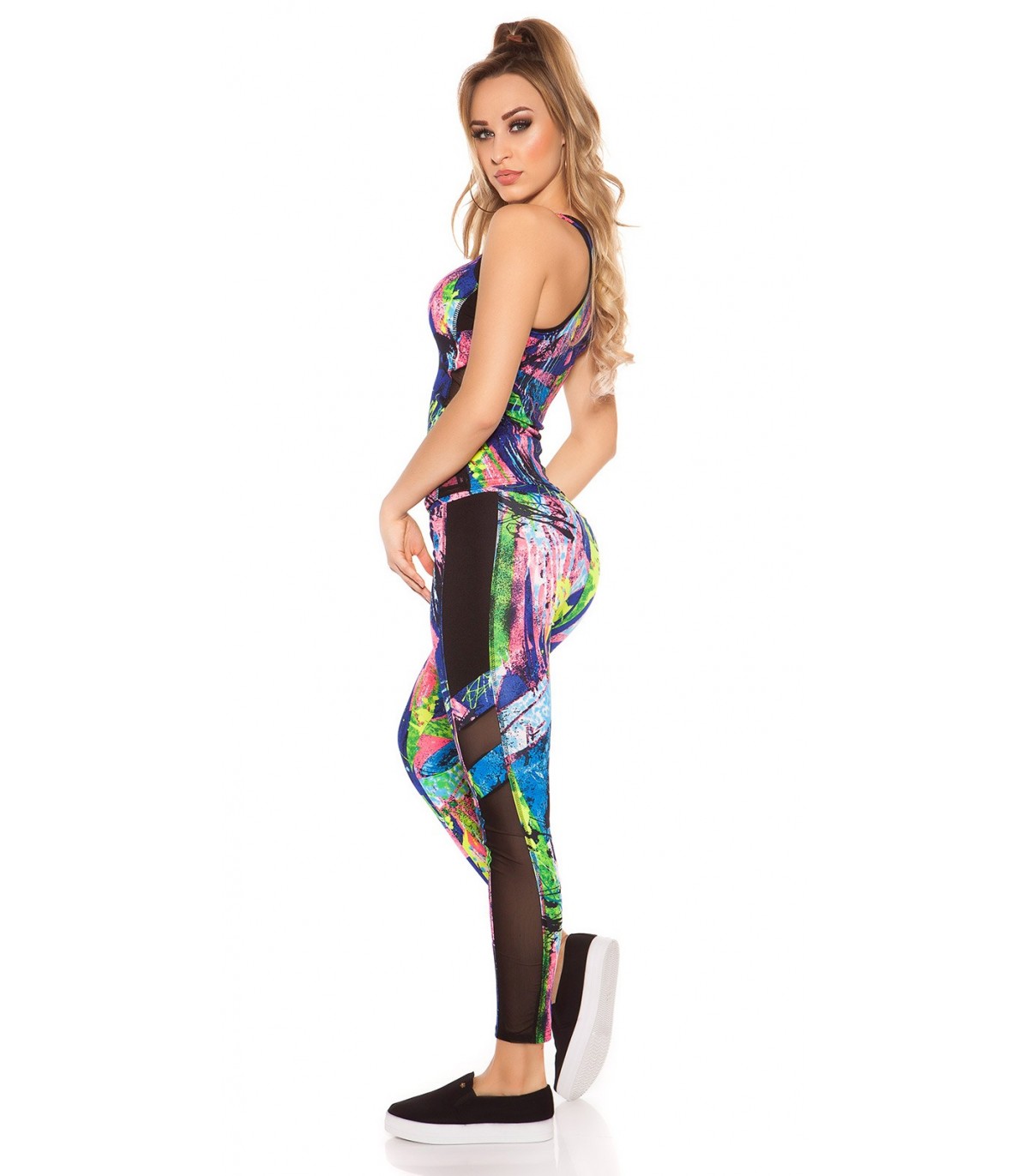 Colorful blue mesh workout tights + top