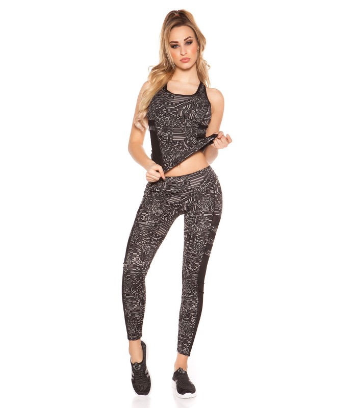 Black print patterned mesh workout tights + top