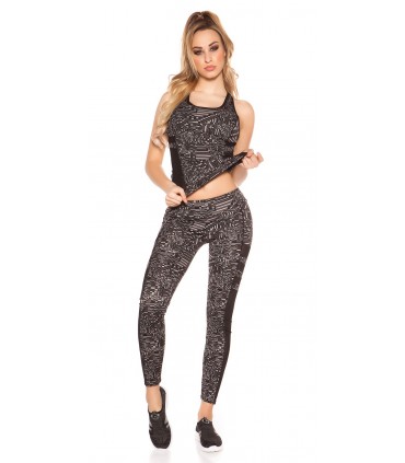Black print patterned mesh workout tights + top