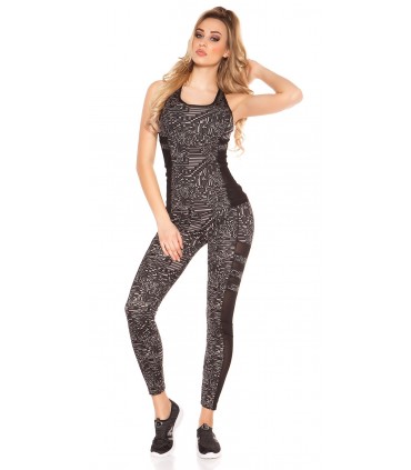 Black print patterned mesh workout tights + top