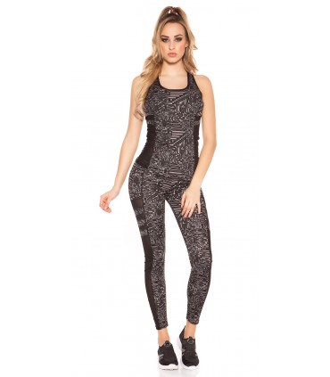 Black print patterned mesh workout tights + top