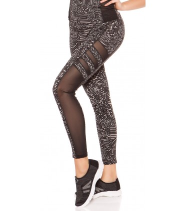 Black print patterned mesh workout tights + top