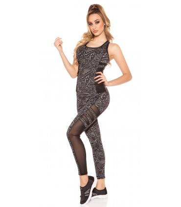 Black print patterned mesh workout tights + top