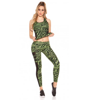 Yellow print-patterned mesh workout tights + top