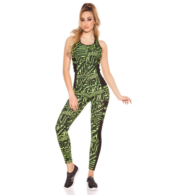 Yellow print-patterned mesh workout tights + top