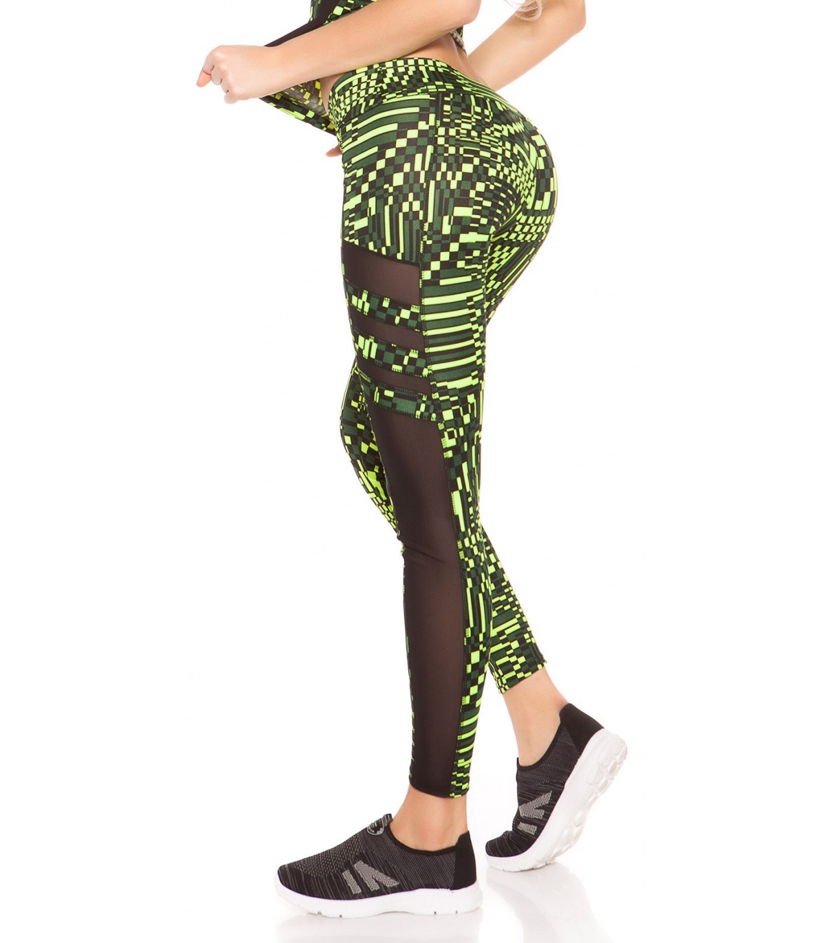 Yellow print-patterned mesh workout tights + top