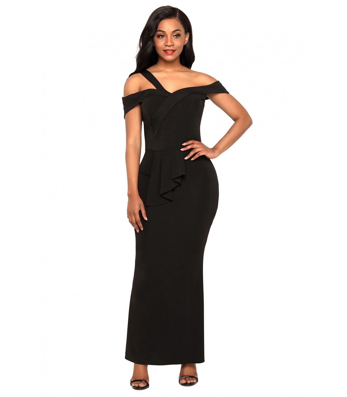 Black single shoulder off-shoulder maxikko
