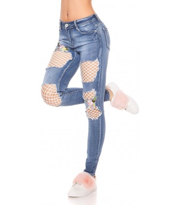 Blue mesh-embedded floral jeans