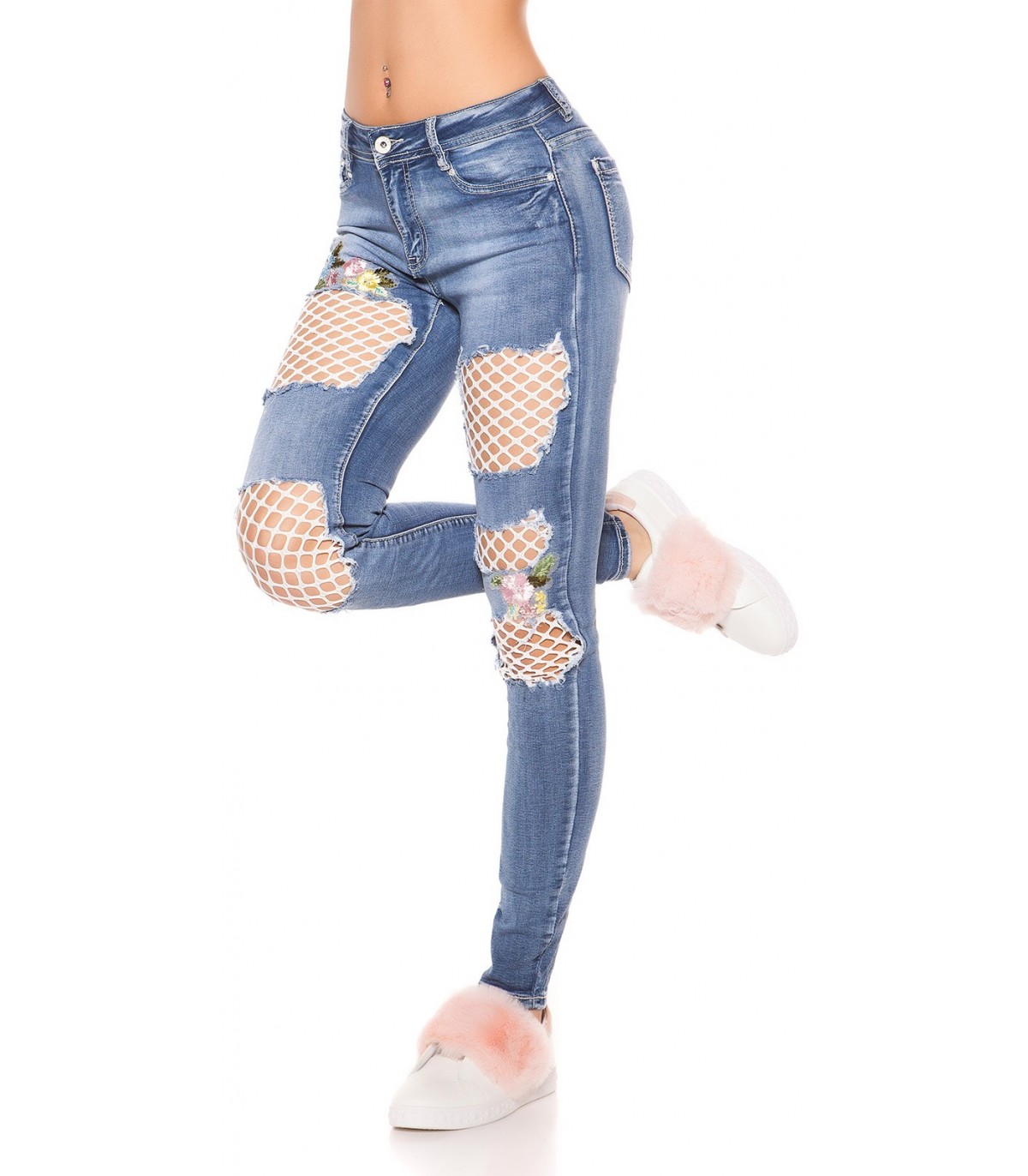 Blue mesh-embedded floral jeans