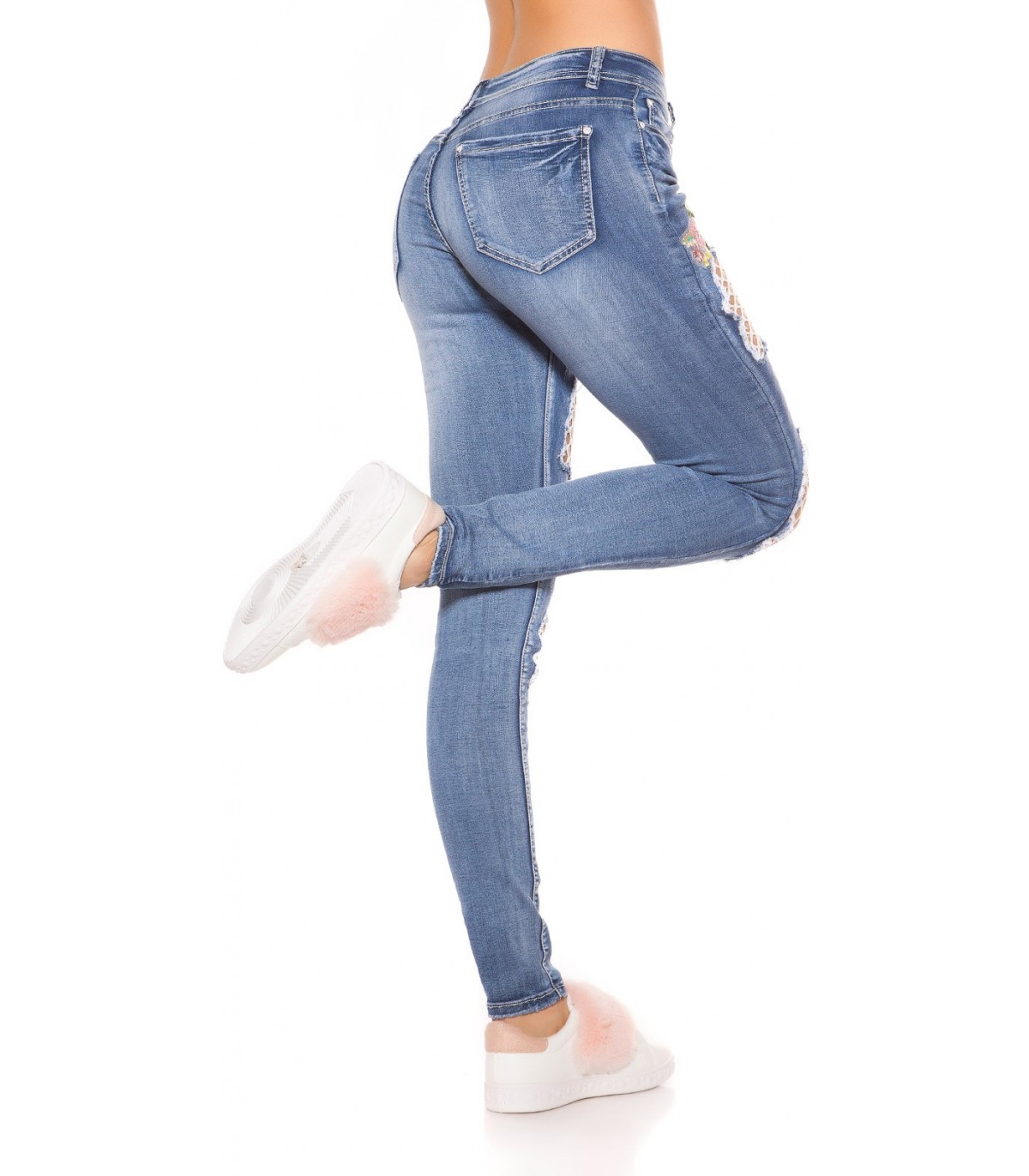 Blue mesh-embedded floral jeans