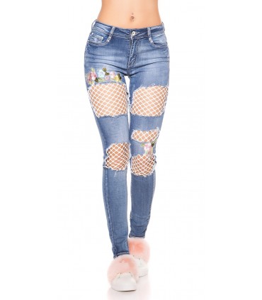 Blue mesh-embedded floral jeans