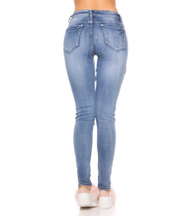 Blue mesh-embedded floral jeans