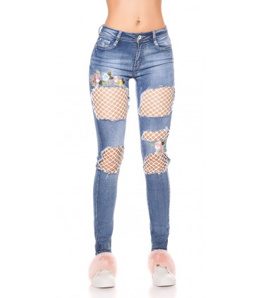 Blue mesh-embedded floral jeans