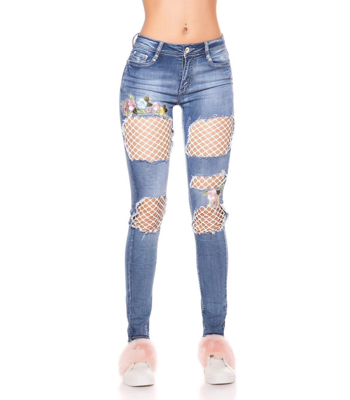 Blue mesh-embedded floral jeans